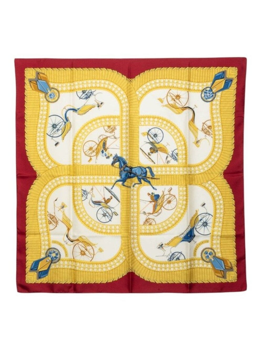 Hermes Carre 90 Voitures Paniers Cage Carriage Scarf Wine Red Multicolor Silk